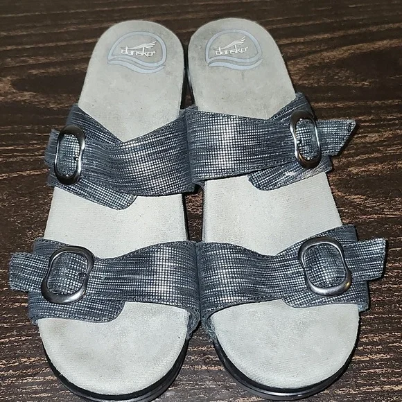 Dansko size 40 black sliver Slides Wedges Sandals Leather - Picture 2 of 7